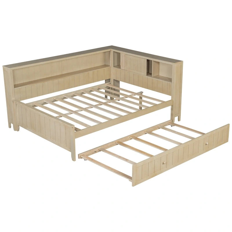 Full Size Wood Daybed with Trundle & Storage Shelves - Convertible Sleeper Sofa Alternative - Great for Small Spaces