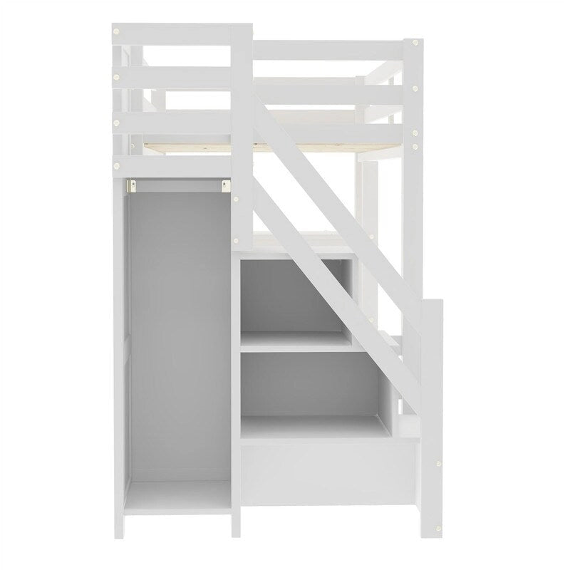 Twin/Full Size Loft Bed with Small Wardrobe and Storage Staircase, Solid Wood Loft Bedframe with LED Light and Storage Shelves