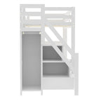 Twin/Full Size Loft Bed with Small Wardrobe and Storage Staircase, Solid Wood Loft Bedframe with LED Light and Storage Shelves