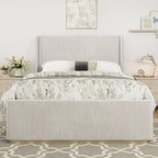Roomfitters Queen/King Size Upholstered Bed, Corduroy Frame, Wingback Headboard, High Footboard, Light Grey