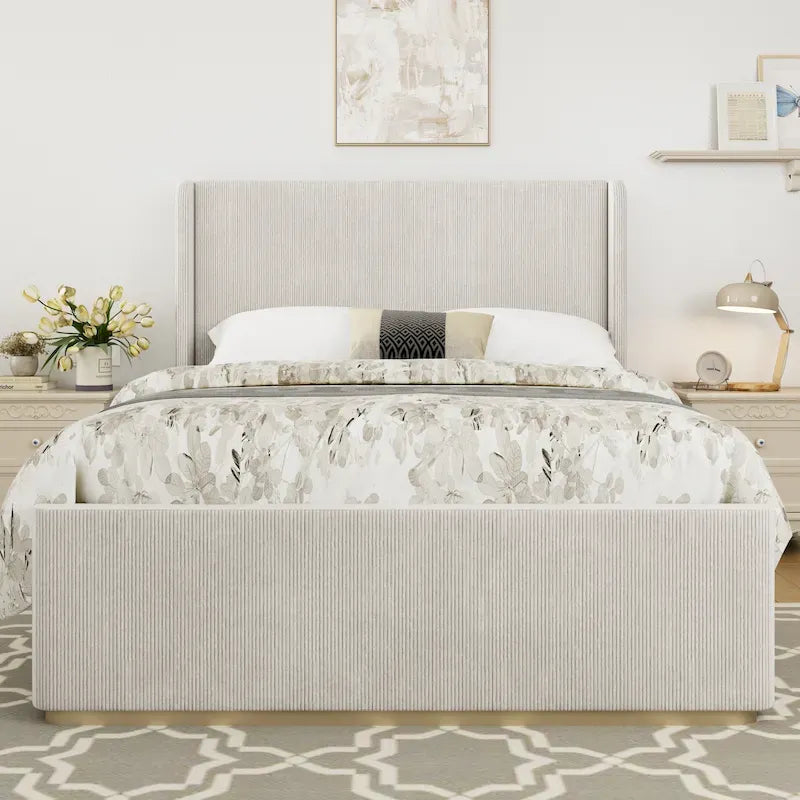 Roomfitters Queen/King Size Upholstered Bed, Corduroy Frame, Wingback Headboard, High Footboard, Light Grey