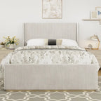Roomfitters Queen/King Size Upholstered Bed, Corduroy Frame, Wingback Headboard, High Footboard, Light Grey