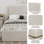 Roomfitters Queen/King Size Upholstered Bed, Corduroy Frame, Wingback Headboard, High Footboard, Light Grey