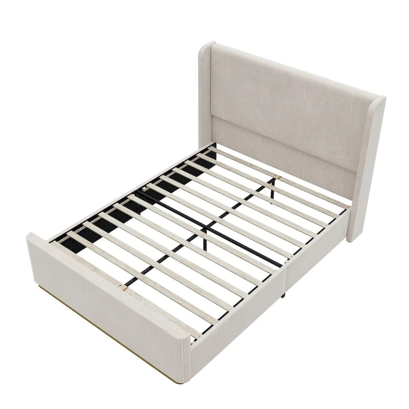 Roomfitters Queen/King Size Upholstered Bed, Corduroy Frame, Wingback Headboard, High Footboard, Light Grey