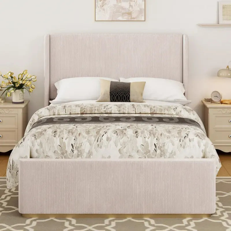 Roomfitters Queen/King Size Upholstered Bed, Corduroy Frame, Wingback Headboard, High Footboard, Light Grey