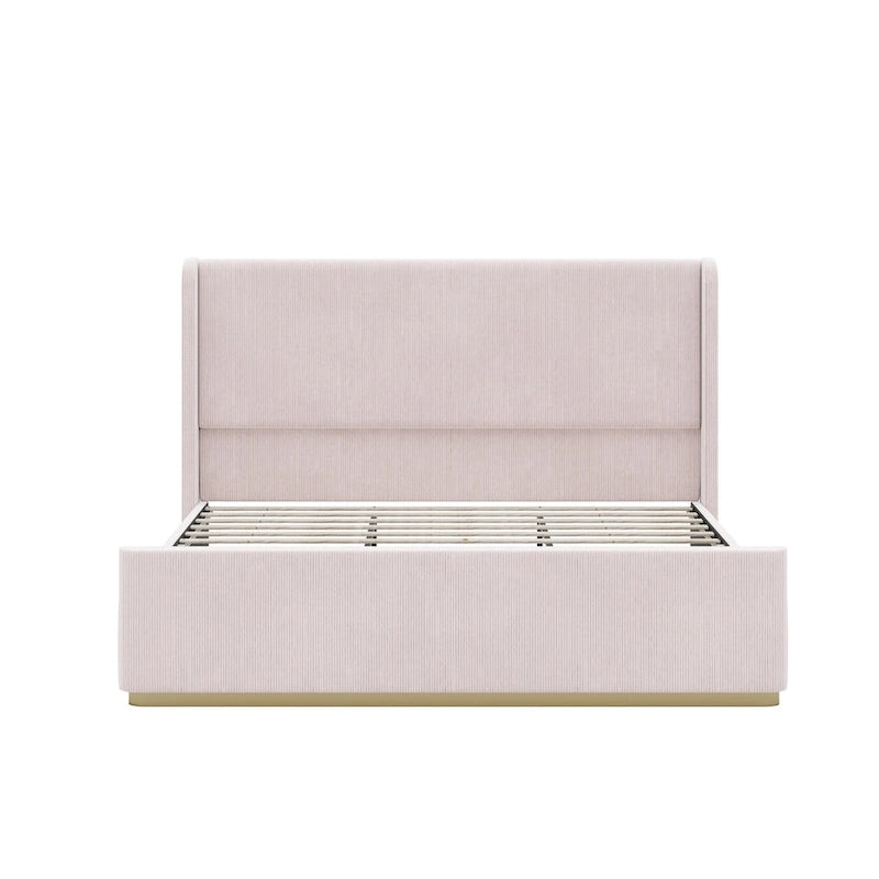 Roomfitters Queen/King Size Upholstered Bed, Corduroy Frame, Wingback Headboard, High Footboard, Light Grey