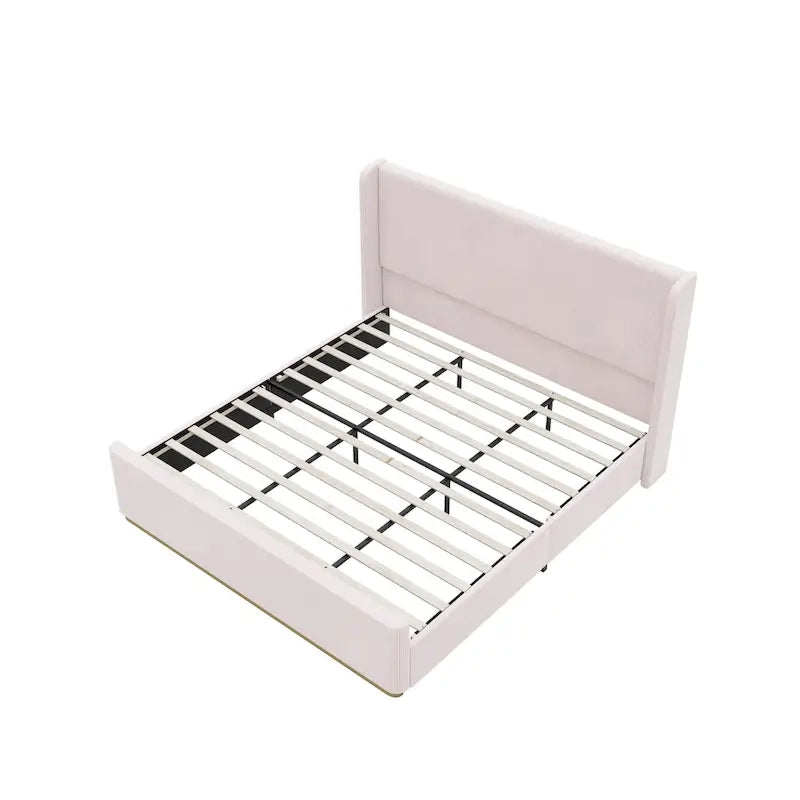 Roomfitters Queen/King Size Upholstered Bed, Corduroy Frame, Wingback Headboard, High Footboard, Light Grey