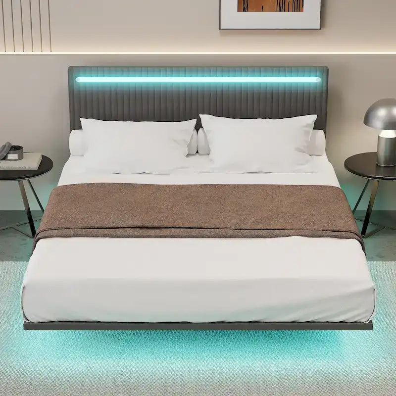 Roomfitters Full/Queen Size Floating Platform Bed Frame, Velvet Upholstery, Channel Tufted Headboard, No Box Spring Needed