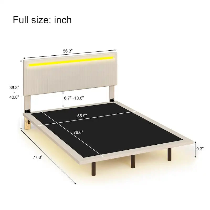 Roomfitters Full/Queen Size Floating Platform Bed Frame, Velvet Upholstery, Channel Tufted Headboard, No Box Spring Needed