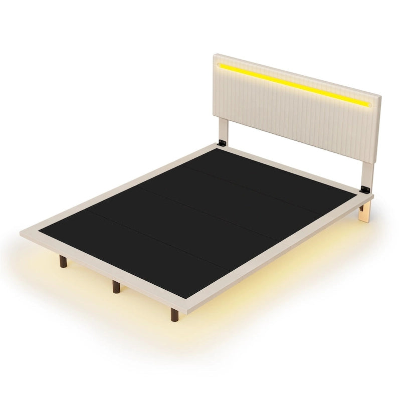 Roomfitters Full/Queen Size Floating Platform Bed Frame, Velvet Upholstery, Channel Tufted Headboard, No Box Spring Needed