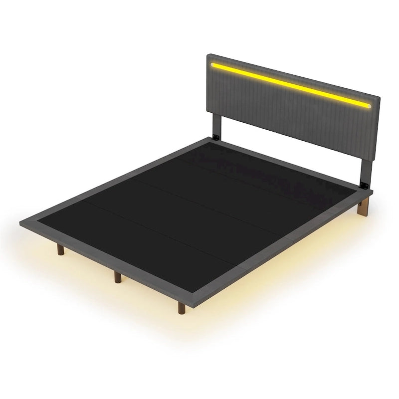 Roomfitters Full/Queen Size Floating Platform Bed Frame, Velvet Upholstery, Channel Tufted Headboard, No Box Spring Needed