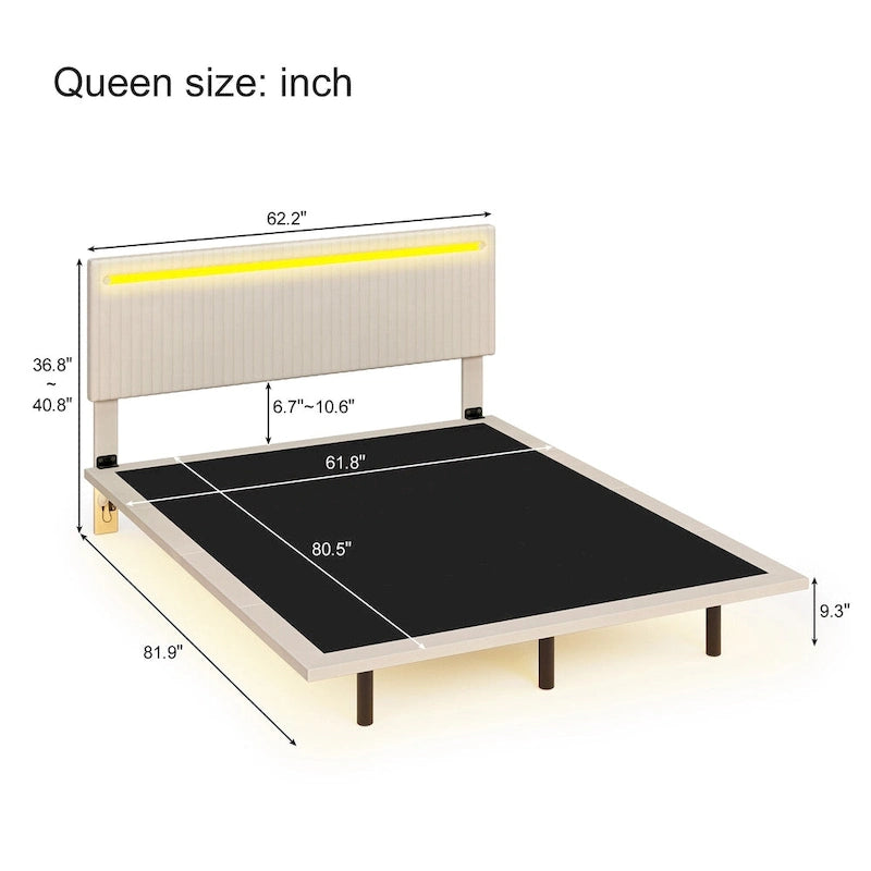 Roomfitters Full/Queen Size Floating Platform Bed Frame, Velvet Upholstery, Channel Tufted Headboard, No Box Spring Needed