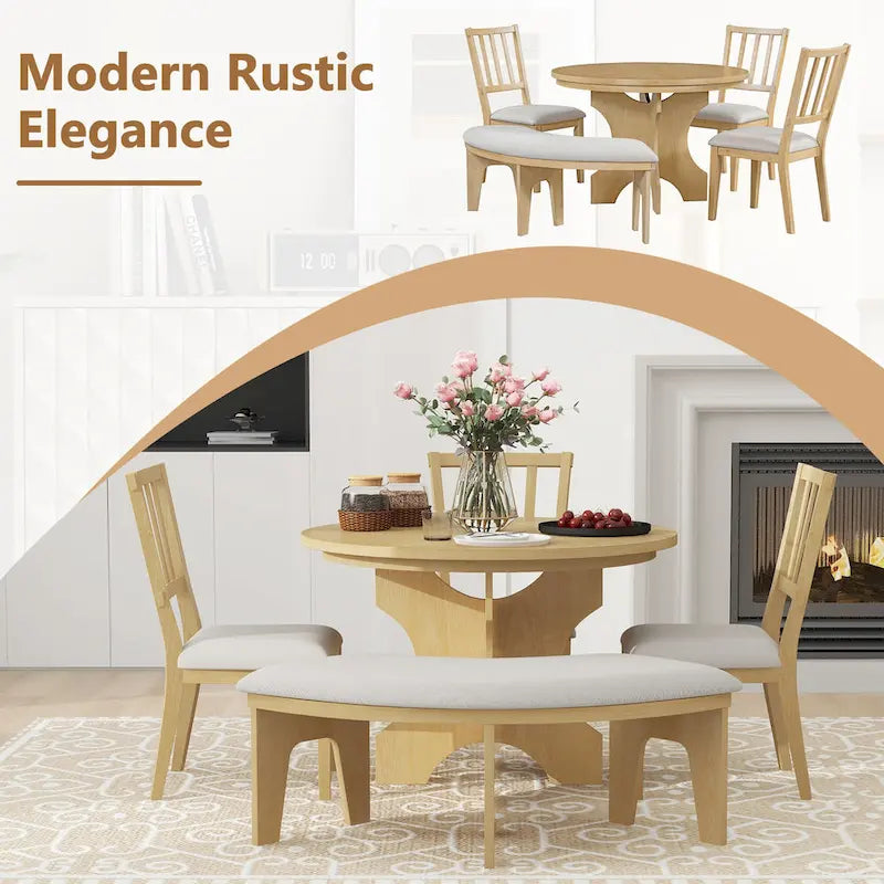 Modern Country Dining Table and Chair Sets Multi-Functional Dining Table and Chair Sets with Curved Table Base and Curved Bench