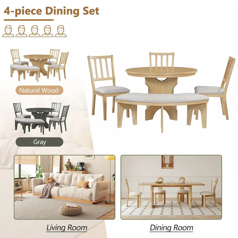 Modern Country Dining Table and Chair Sets Multi-Functional Dining Table and Chair Sets with Curved Table Base and Curved Bench