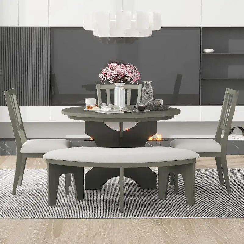 Modern Country Dining Table and Chair Sets Multi-Functional Dining Table and Chair Sets with Curved Table Base and Curved Bench