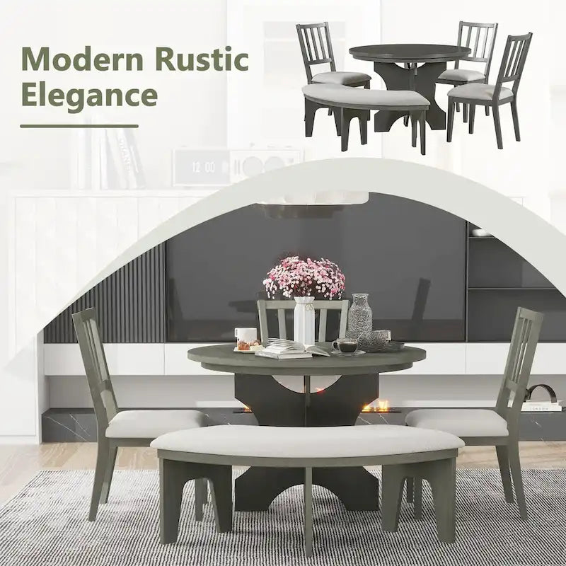 Modern Country Dining Table and Chair Sets Multi-Functional Dining Table and Chair Sets with Curved Table Base and Curved Bench