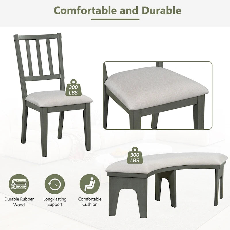 Modern Country Dining Table and Chair Sets Multi-Functional Dining Table and Chair Sets with Curved Table Base and Curved Bench