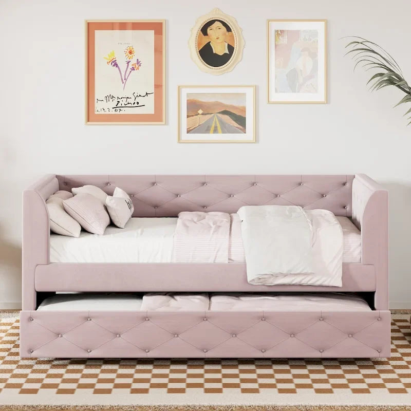 Twin Velvet Tufted Daybed with Trundle & Storage