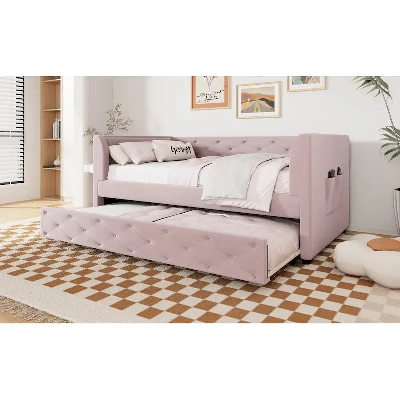Twin Velvet Tufted Daybed with Trundle & Storage