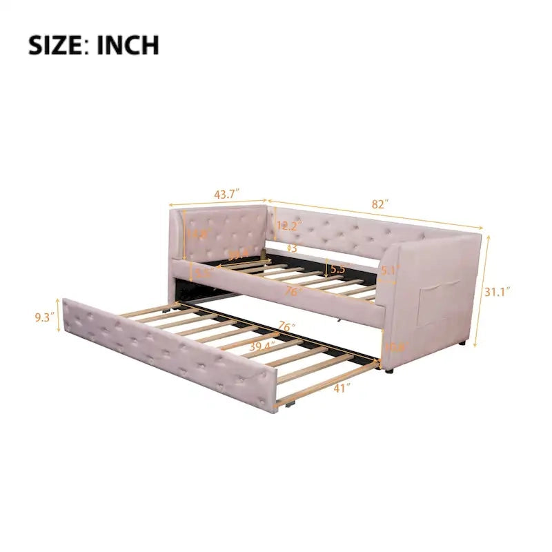 Twin Velvet Tufted Daybed with Trundle & Storage