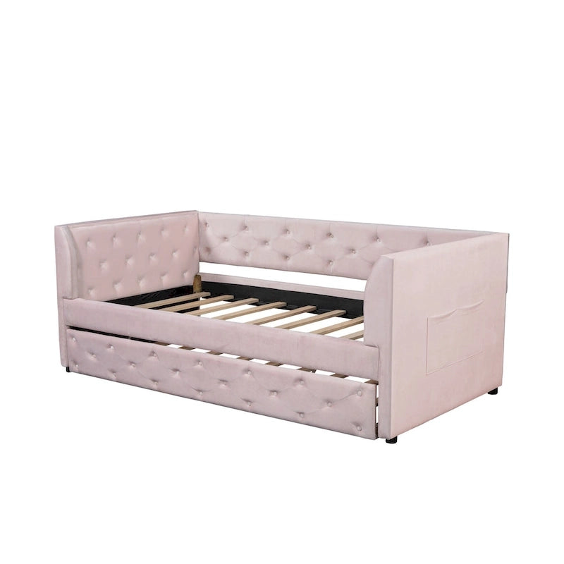 Twin Velvet Tufted Daybed with Trundle & Storage