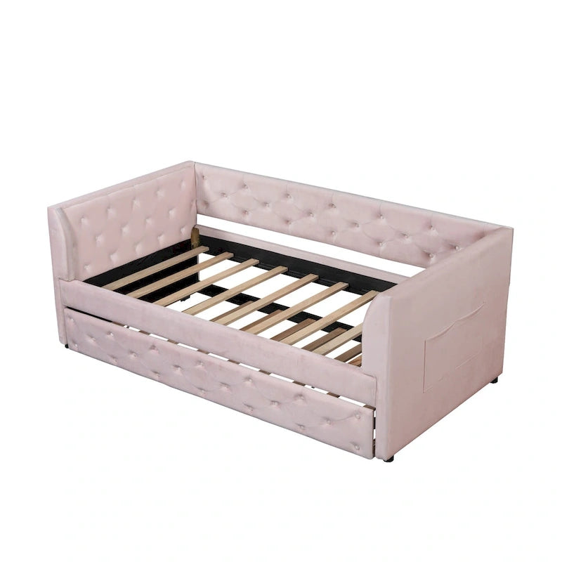 Twin Velvet Tufted Daybed with Trundle & Storage