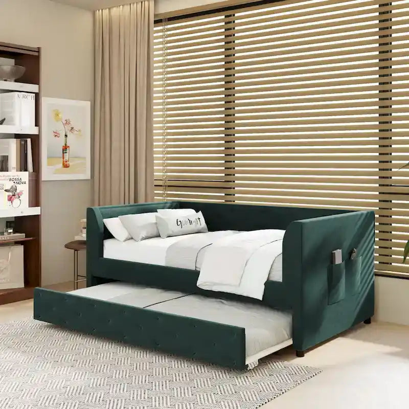 Twin Velvet Tufted Daybed with Trundle & Storage