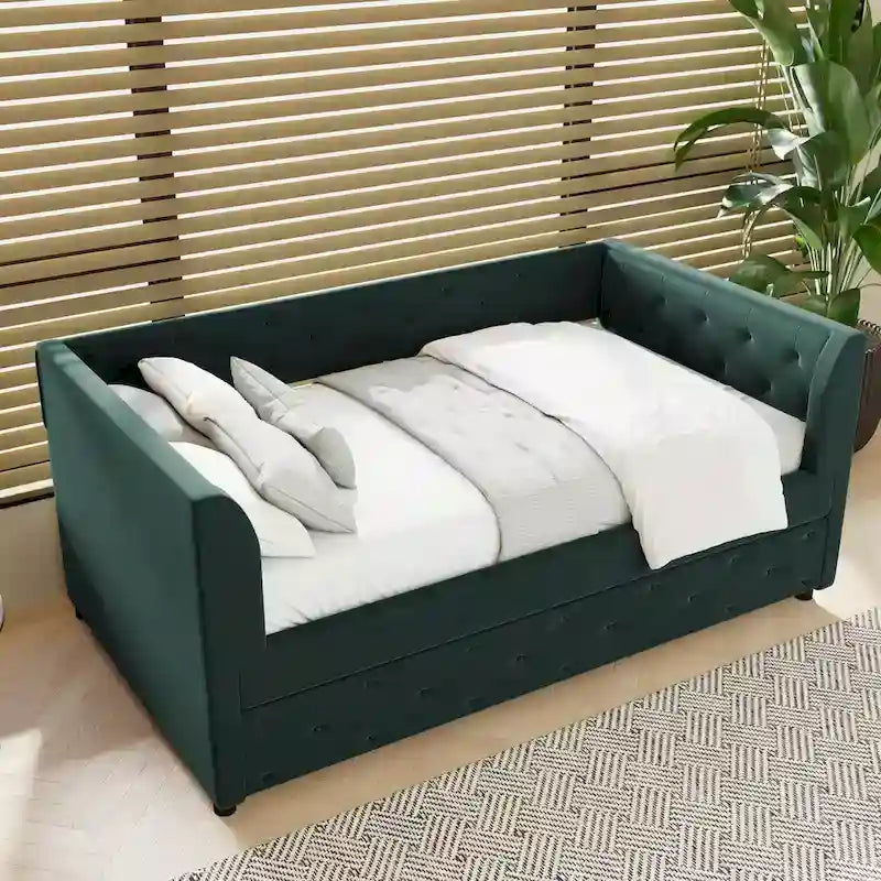 Twin Velvet Tufted Daybed with Trundle & Storage