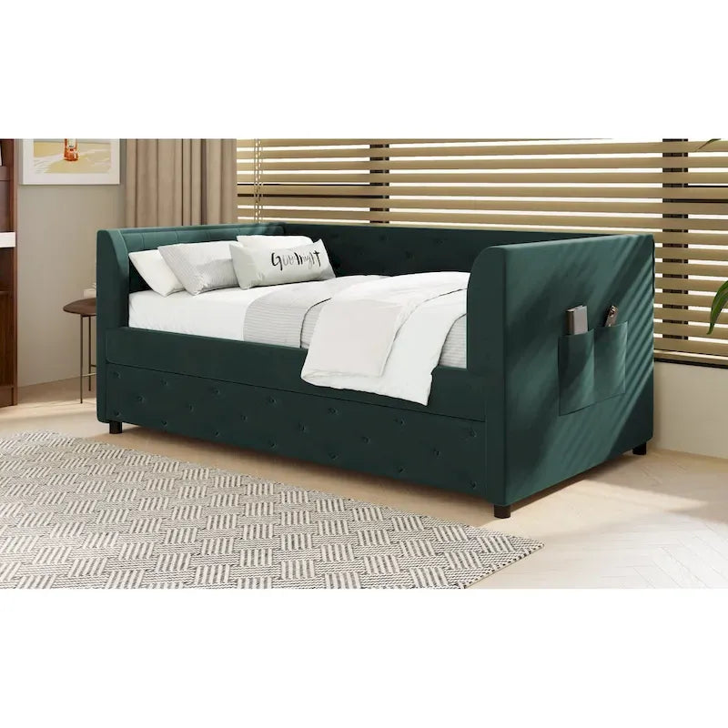 Twin Velvet Tufted Daybed with Trundle & Storage
