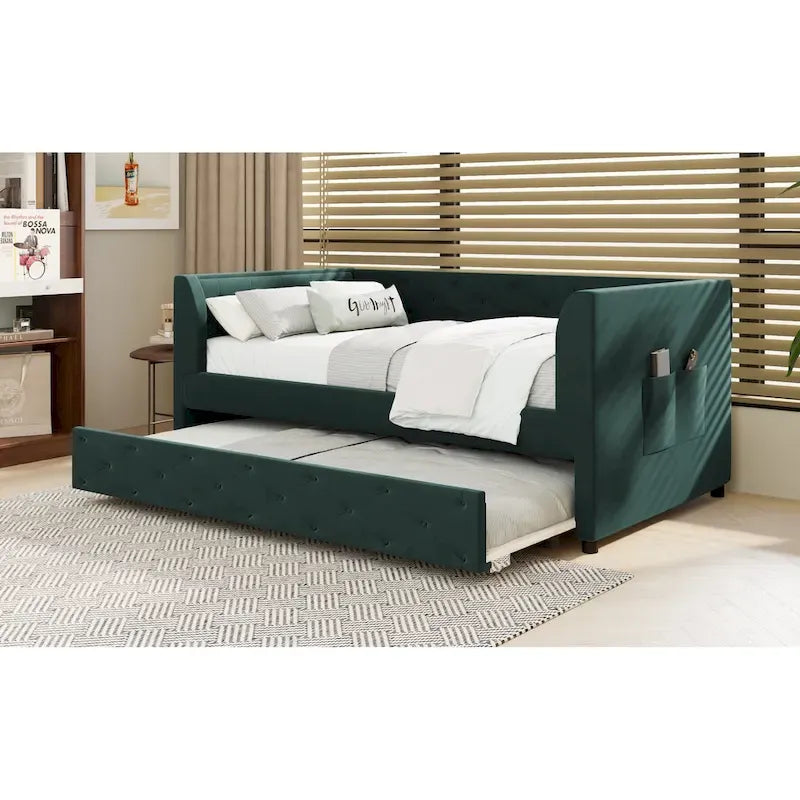 Twin Velvet Tufted Daybed with Trundle & Storage