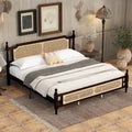 Wooden Bed with Rattan Headboard and Footboard, King Size Bed Low Profile Platform Bed with Central Enhanced Bed Platform