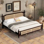 Wooden Bed with Rattan Headboard and Footboard, King Size Bed Low Profile Platform Bed with Central Enhanced Bed Platform