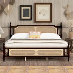 Wooden Bed with Rattan Headboard and Footboard, King Size Bed Low Profile Platform Bed with Central Enhanced Bed Platform