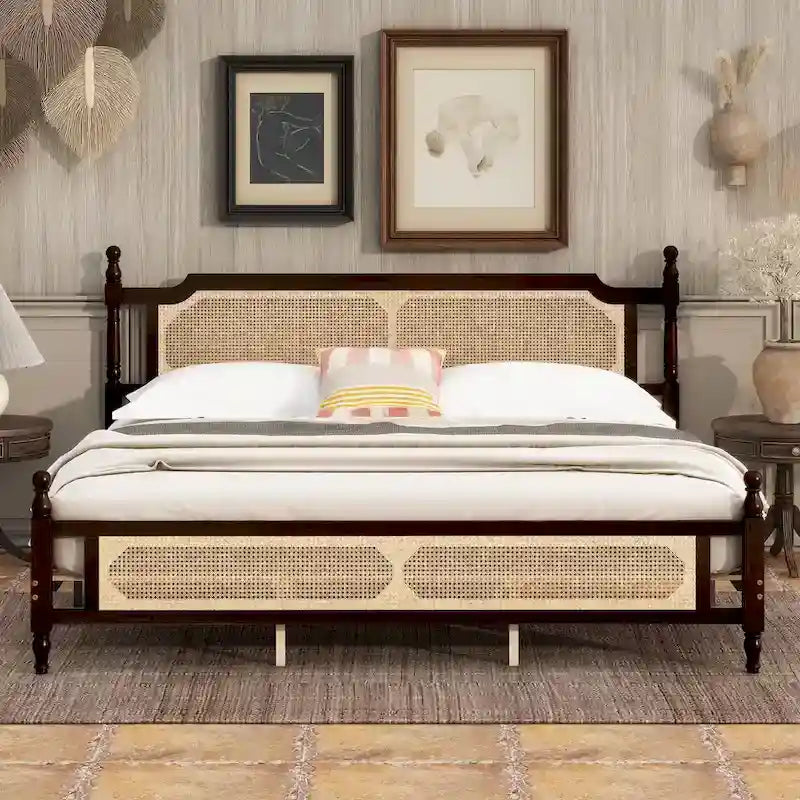 Wooden Bed with Rattan Headboard and Footboard, King Size Bed Low Profile Platform Bed with Central Enhanced Bed Platform