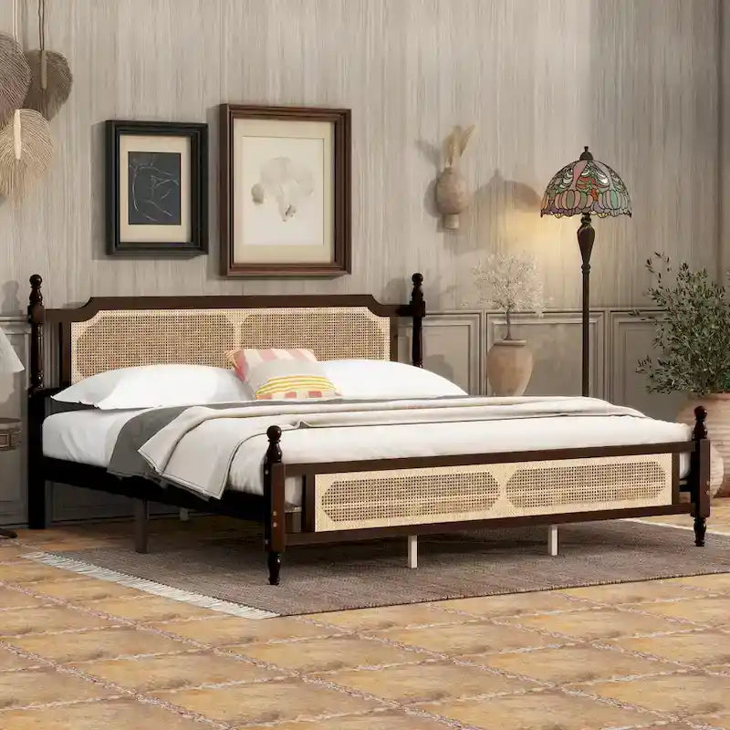 Wooden Bed with Rattan Headboard and Footboard, King Size Bed Low Profile Platform Bed with Central Enhanced Bed Platform
