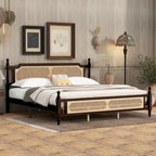 Wooden Bed with Rattan Headboard and Footboard, King Size Bed Low Profile Platform Bed with Central Enhanced Bed Platform