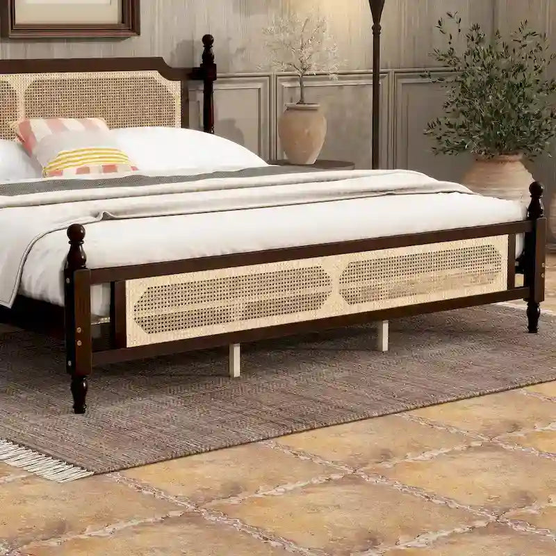 Wooden Bed with Rattan Headboard and Footboard, King Size Bed Low Profile Platform Bed with Central Enhanced Bed Platform