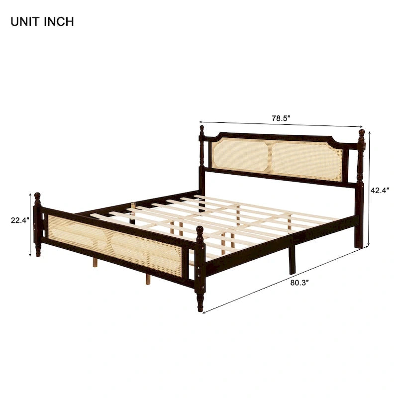 Wooden Bed with Rattan Headboard and Footboard, King Size Bed Low Profile Platform Bed with Central Enhanced Bed Platform
