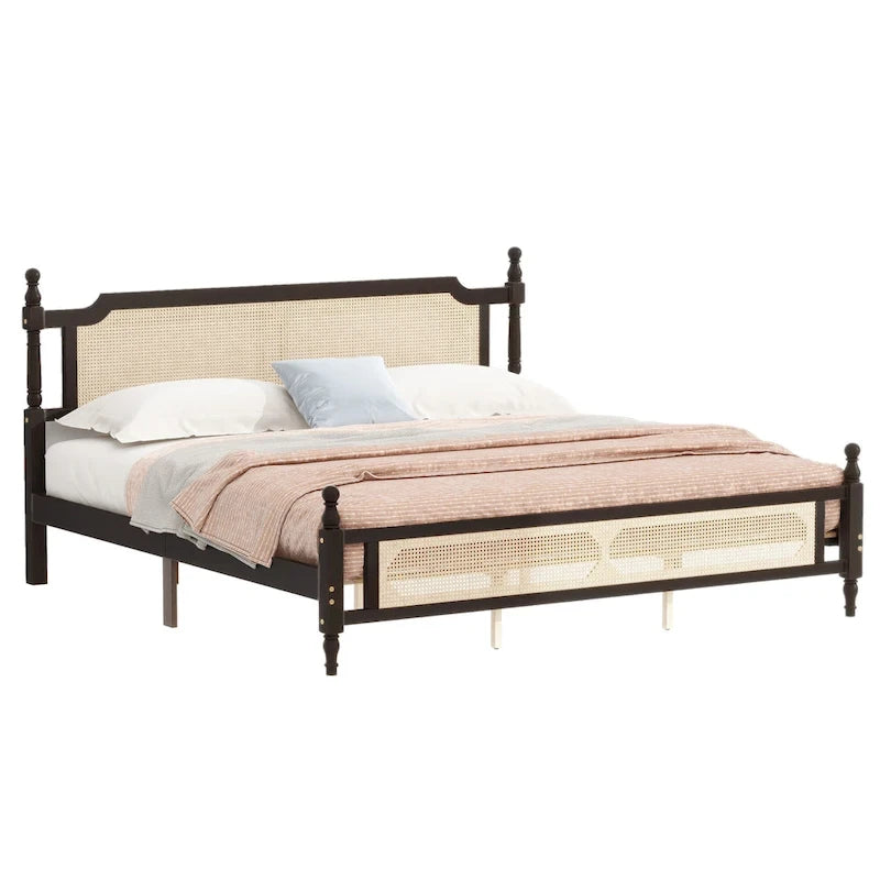 Wooden Bed with Rattan Headboard and Footboard, King Size Bed Low Profile Platform Bed with Central Enhanced Bed Platform