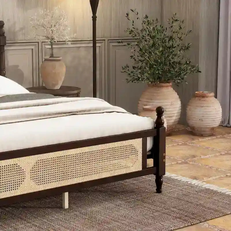 Wooden Bed with Rattan Headboard and Footboard, King Size Bed Low Profile Platform Bed with Central Enhanced Bed Platform