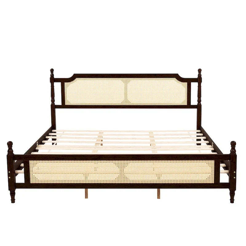 Wooden Bed with Rattan Headboard and Footboard, King Size Bed Low Profile Platform Bed with Central Enhanced Bed Platform