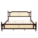 Wooden Bed with Rattan Headboard and Footboard, King Size Bed Low Profile Platform Bed with Central Enhanced Bed Platform