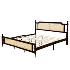 Wooden Bed with Rattan Headboard and Footboard, King Size Bed Low Profile Platform Bed with Central Enhanced Bed Platform