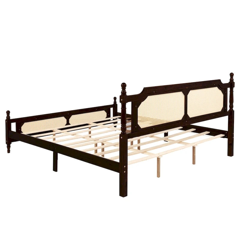Wooden Bed with Rattan Headboard and Footboard, King Size Bed Low Profile Platform Bed with Central Enhanced Bed Platform