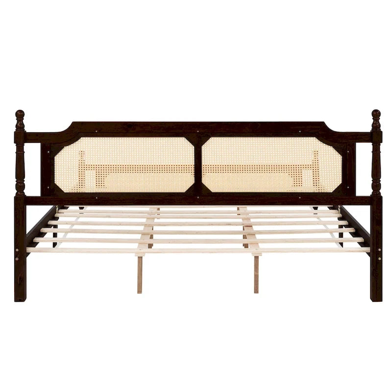 Wooden Bed with Rattan Headboard and Footboard, King Size Bed Low Profile Platform Bed with Central Enhanced Bed Platform