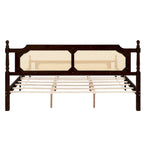 Wooden Bed with Rattan Headboard and Footboard, King Size Bed Low Profile Platform Bed with Central Enhanced Bed Platform