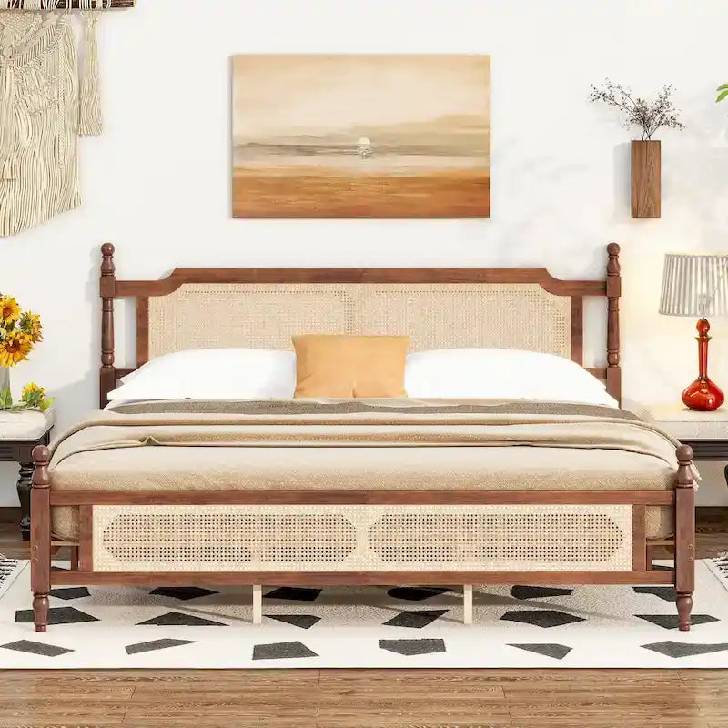 Wooden Bed with Rattan Headboard and Footboard, King Size Bed Low Profile Platform Bed with Central Enhanced Bed Platform