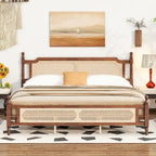Wooden Bed with Rattan Headboard and Footboard, King Size Bed Low Profile Platform Bed with Central Enhanced Bed Platform