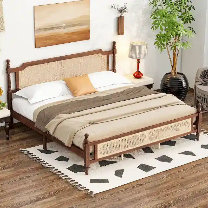 Wooden Bed with Rattan Headboard and Footboard, King Size Bed Low Profile Platform Bed with Central Enhanced Bed Platform