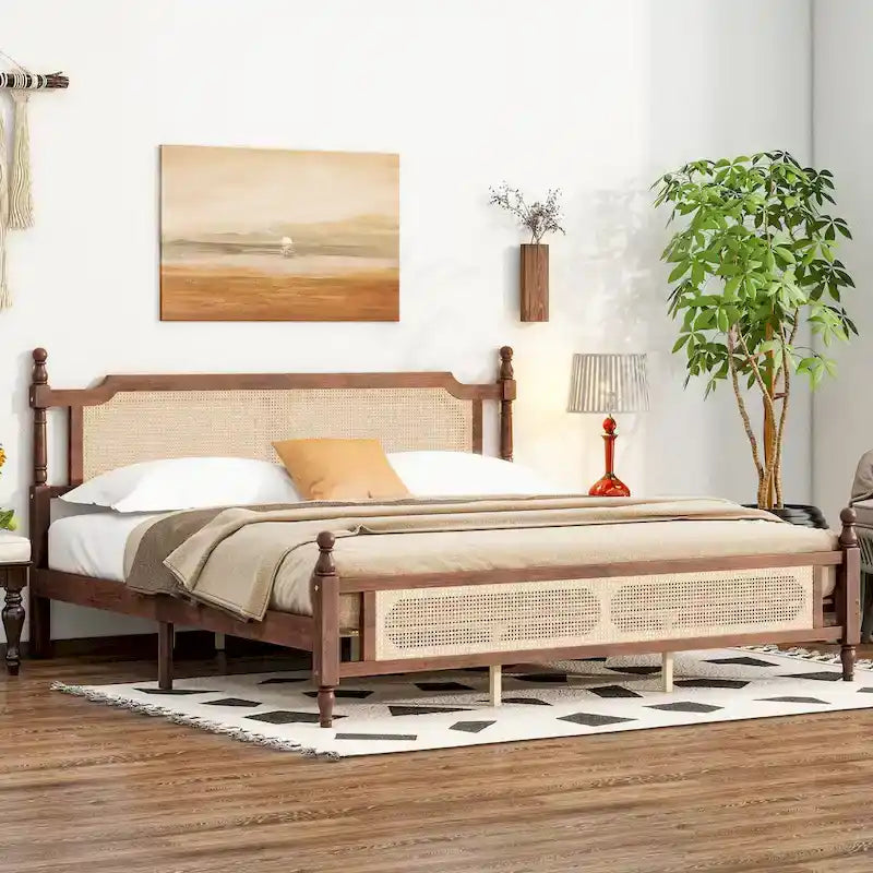 Wooden Bed with Rattan Headboard and Footboard, King Size Bed Low Profile Platform Bed with Central Enhanced Bed Platform